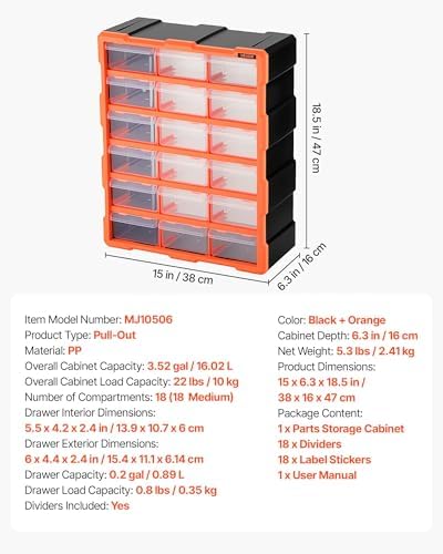 VEVOR 18-Drawer Storage Organizer, Plastic, Drawer Storage Cabinet for Garage Organization, Stackable Small Parts Organizer, Wall-Mounted Toolbox, for Hardware, Beads, Screws, Crafts, Building Bricks