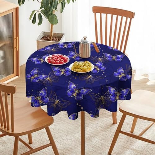 Dark Purple Butterfly Tablecloth, Luxury Golden Blue Purple Butterfly Print Table Cloth for Outdoor Patio Party Picnic Wedding Indoor Kitchen Dinner Table Decor, 50x50in