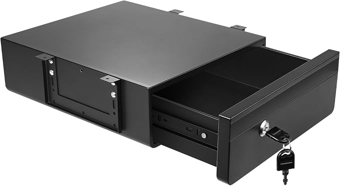 POPMOON 14 in Deep Under Desk Drawer Lockable, Pull Out Storage Organizer | Carbon Steel Under Table Drawer with Lock & Key, Adjustable Height Under Desk Drawer Slide Out Smooth Slide Rails,Hold 33 lbs