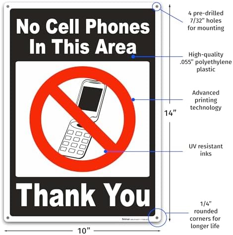Brimar No Cell Phones in This Area Sign 10" X 14" Polyethylene Plastic