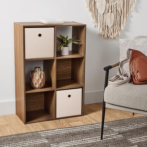 Warm Walnut 6-Cube Storage Organizer Bookcase, Vertical & Horizontal Freestanding Cube Shelving Unit, Open & Closed Back Cubby Compatible with Fabric Bins
