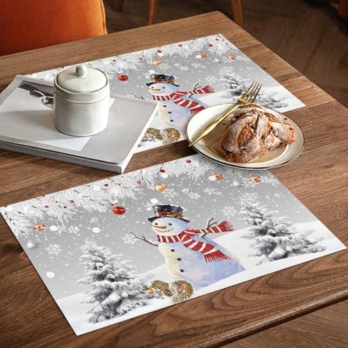 Snowman Placemats Set of 4, Grey Merry Christmas Tree Red Balls Squirrel Heat Resistant Washable Table Place Mats Winter Cotton Table Linens Party Holiday Decor for Kitchen Dining Outdoor Indoor