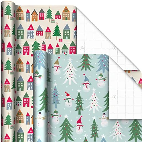 Hallmark Cute Recyclable Christmas Wrapping Paper (6 Rolls: 180 Sq. Ft. Total) Red, Blue, Green Plaid, Merry Everything, Colorful Houses, Snowmen and Trees, Dots, Stripes