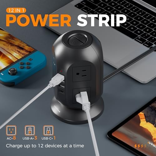 TESSAN Tower Power Strip 10 ft, Long Flat Extension Cord，Multiple Outlets