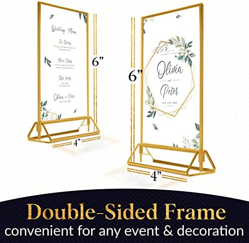 Clear Acrylic 2 Sided Frames with Gold Borders and Vertical Stand (Pack of 6) | Ideal for Wedding Table Number Holder, Double Sided Sign, Clear Photos, Menu Holders