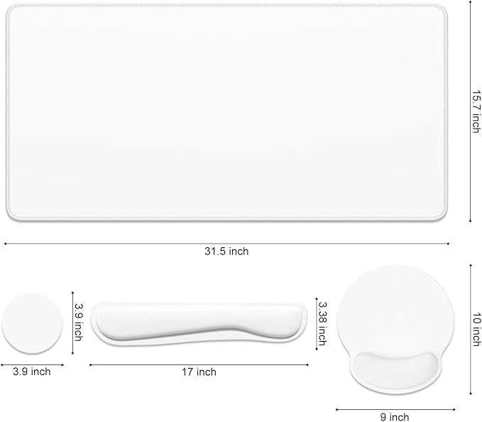 Dapesuom Large Gaming Mouse Pad, White Mouse Pads with Wrist Rest Wrist Support, 4in1 Big XXL Desk Mat Desk Pad + Ergonomic Mousepad + Memory Foam Keyboard Mat Wrist Rest + Coaster Set for Computer