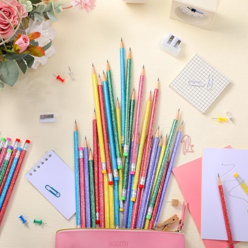 TecUnite 60 Pcs HB Pencils #2 Unsharpened Wood Cased Pencils with Eraser Hexagonal Pencil Cute Graphite No 2 Pen for Adults Gifts Exam School Office Sketching Learning (Glitter Series)