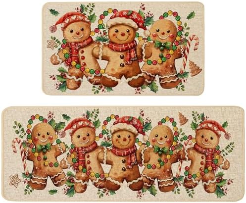 Baccessor Christmas Gingerbread Kitchen Rugs Set of 2,Merry Christmas Xmas Winter Kitchen Mats Washable Non Slip for Floor Hallway Laundry Sink Holiday Home Decor 17x29 and 17x47 Inch
