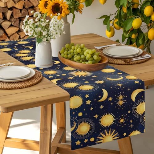 Fantasy Galaxy Table Runner Dresser Scarf 13 x 36 Inch Golden Planet Universe Sun Moon Stars Retro Table Runners Non-Slip Heat Resistant Kitchen Dining Table Decor for Home Holidays Indoor Outdoor