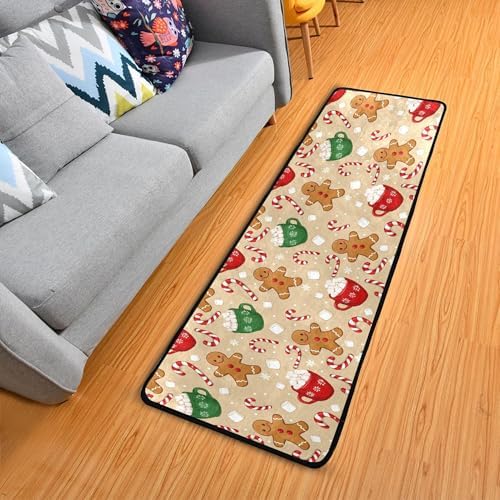 Christmas Gingerbread Man Kitchen Runner Rug 2x6 Ft Winter Cane Candy Kitchen Runner Mat Brown Area Rug Non Slip Washable Floor Carpet for Bathroom Living Room Bedroom Laundry Home Decor