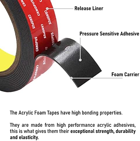 CANOPUS Double Sided Tape, 5952 Heavy Duty Mounting Tape, Strong Bond & Weatherproof Seal Strip for Automotive Mounting, Picture and Photo Frame, Poster, Craft, 1 in x 108 ft, Black, Made in USA