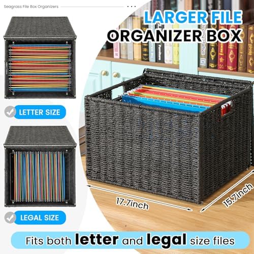 Cinnvoice Extra Large Decorative File Box 18 x 16 x 13 in Wicker Seagrass File Basket Organizer for Letter Legal Size Hand Woven Hanging Filing Cabinet with Lid for Office Paper Rope, Black