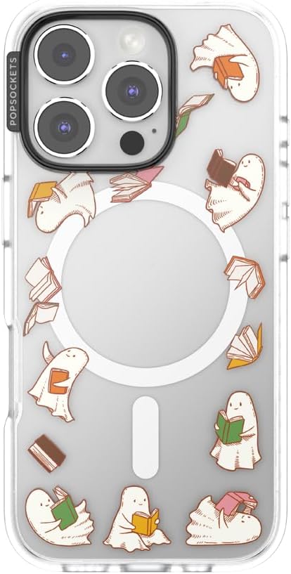 PopSockets iPhone 16 Pro Phone Case with MagSafe, Wireless Charging Compatible, Bookish - Spooky Book Club Clear