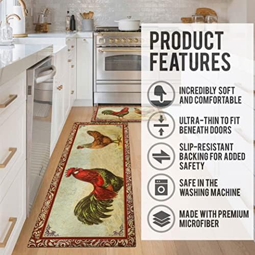 Chicken and Rooster Kitchen Rugs for Floor 2 Piece Sets, Farmhouse Decor for Rooster Kitchen Rug, Chicken Mats for Kitchen in Front of Sink for Standing for Country Kitchen Decor 17"X30"+17"X47"