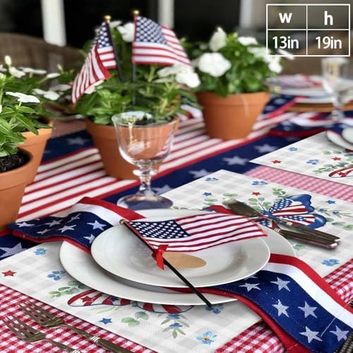 4th of July Placemats Set of 4, Patriotic Star Butterfly Heat Resistant Washable Dining Table Mats Summer Farmhouse Decor for Kitchen&Table Linens Outdoor Indoor, Eucalyptus Leaves Grey Buffalo Plaid