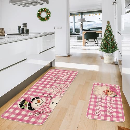 JarThenaAMCS Christmas Kitchen Mat Set of 2 Pink Plaid Santa Snowman Kitchen Floor Mats Winter Non-Slip Door Rugs for Xmas Party Home Entrance, 17 x 29 Inch & 17 x 47 Inch
