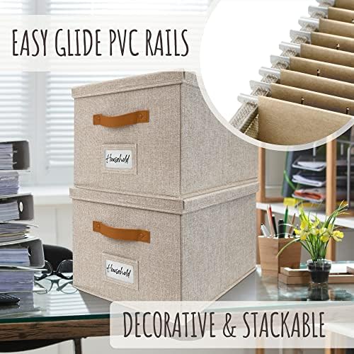 Decorative File Organizer Box Set of 2 - Collapsible Linen Filing Cabinets | Stores Documents and Hanging File Folders - Portable Office Crates with Lid and Handles for Easy Slide Access