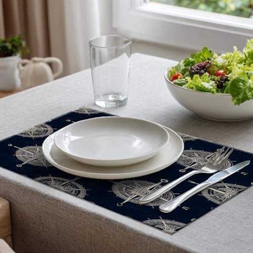 Batmerry Maritime Sailing Linen Placemats Set of 6, Oceanic Nautical Emblem Washable Table Mats for Kitchen Table Thickened Heat Insulation Dining Set Indoor Outdoor 12X18 in