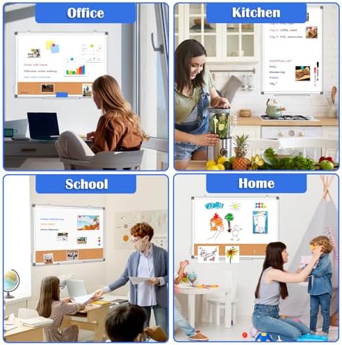 Whiteboard Cork Board Combo for Wall, 36" x 24" Dry Erase Whiteboard