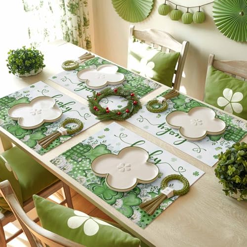St. Patrick's Day Placemats Set of 6, Lucky Clovers Place Mats Washable Dining Table Mats Spring Holiday Party Decor for Kitchen&Linens Outdoor Indoor, Blue Green Shamrock Leaves