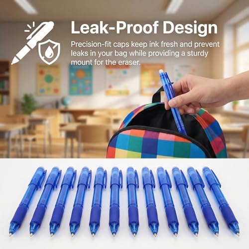 Volcanics Blue Erasable Gel Pens, 0.7mm Fine Point, 12 Pack | Capped Smooth Pencil-Like Precision Writing Pens For School, Office, Note Taking And Everyday Planning