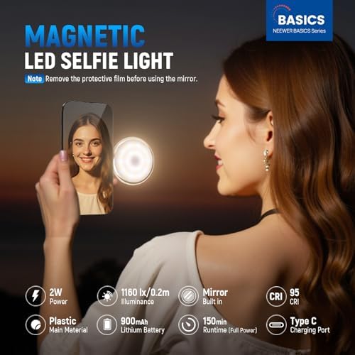 NEEWER Basics Magnetic LED Selfie Light Compatible with MagSafe iPhone, Desk Stand Phone Holder with Makeup Mirror 1160lx/0.2m 900mAh CRI95 Fill Lighting for Video Recording Streaming, White NL48R