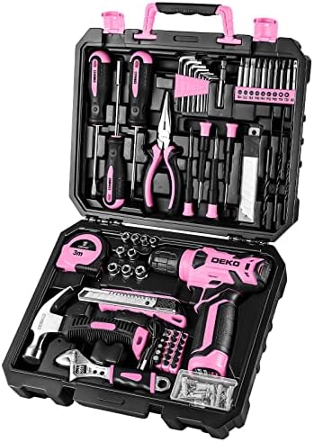 DEKOPRO Drill Set, Home Tool Set with 8V Pink Cordless Drill, Hand Tool Kit for Women, 126 pcs
