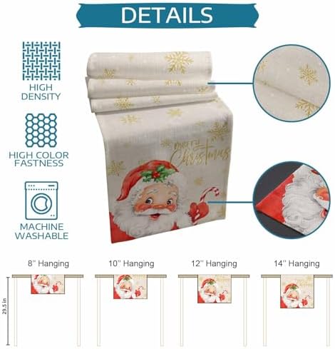 Merry Christmas Table Runner Dresser Scarf 13 x 36 Inch Red Santa Claus Leaf Winter Snowflake Linen Table Runners Non-Slip Heat Resistant Kitchen Dining Table Decor for Home Holidays Indoor Outdoor