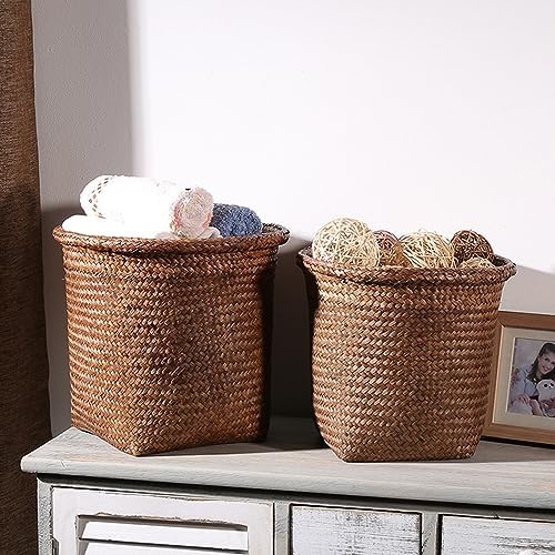 Woven Rattan Trash Can Wastebasket for Bathroom Bedroom Kitchen Small Garbage Cans Home Textile Storage Straw Rubbish (Coffee, One Size)