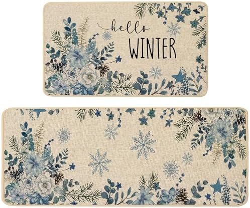 Baccessor Blue Poinsettia Winter Kitchen Mats Set of 2, Snowflakes Floral Kitchen Rugs for Floor Non Slip Absorbent Winter Holiday Farmhouse Christmas Decor 17x29 and 17x47 Inch