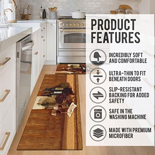 Wine Kitchen Rugs and Mats for Floor 2 Piece Sets, Farmhouse Wine Kitchen Rug in Front of Sink for Standing for Country Kitchen Decor 17"X30"+17"X47"
