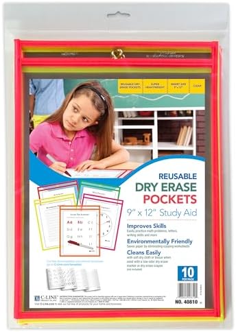 C-Line Reusable Dry Erase Pockets, 9 x 12 Inches, Assorted Neon Colors, 10 Pockets per Pack (40810)