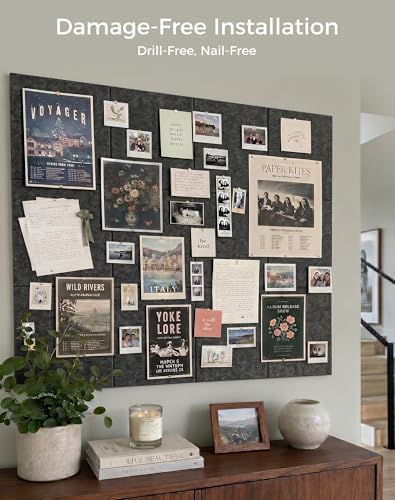 Aothia Felt Bulletin Board Tiles, 12-Pack 48"x36" Large Pin Board for Wall, Modern Cork Board Alternative for Notes, Photos, Memo & Office Organization, 70 Adhesive Tabs & 40 Push Pins, Charcoal Gray