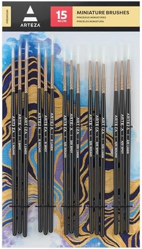 ARTEZA Detail Paint Brushes, Set of 15, Miniature Sizes, Fine Tips