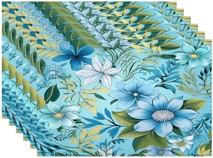 Batmerry Floral Light Blue Linen Placemats Set of 6, Blue Green Floral Washable Table Mats for Kitchen Table Thickened Heat Insulation Dining Set Indoor Outdoor 12X18 in
