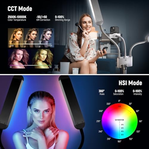 NEEWER RGB Esthetician Light Kit Upgraded with Phone APP Control/Touch Bar, Separate Control Dual Arm LED Video Light w Phone Holder/Stand/Travel Bag, 2500K-10000K 18 Scenes for Tattoo Lash, BH40C
