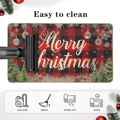 MEHOFOND Merry Christmas Kitchen Rugs Set of 2,Farmhouse Truck Red and Black Buffalo Plaid Kitchen Rugs,Winter Xmas Holiday Floor Mat,Snowflake Christmas Kitchen Decor 17 x 29 and 17 x 47 in
