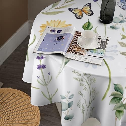 Watercolor Wildflowers Tablecloth, Summer Daisy Lavender Eucalyptus Branches Leaves Print Table Cover for Tea Party Weddings Indoor Outdoor Dining, 70x70in