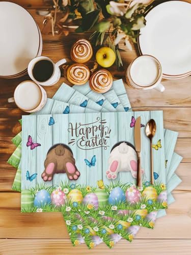 Spring Easter Placemats Set of 4, Funny Bunny Tails Rabbit Heat Resistant Washable Dining Table Mats Floral Farmhouse Decor for Kitchen&Table Linens Outdoor IndoorOutdoor Indoor