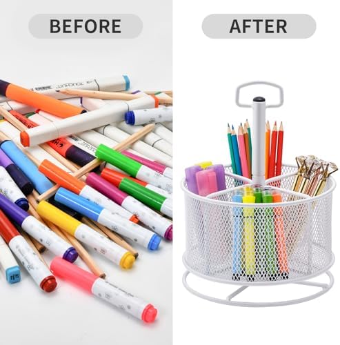 Marbrasse Mesh Desk Organizer, 360-Degree Rotating Multi-Functional Pen Holder, 4 Compartments Desktop Stationary Organizer, Home Office Art Supply Storage Box Caddy (White)