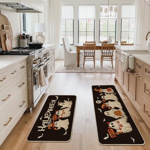 Artoid Mode Ghost Bat Black Halloween Kitchen Mats Set of 2-24x35+24x59