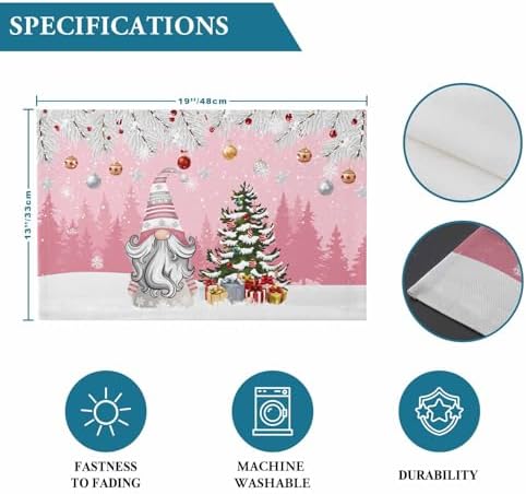 Christmas Gnome Placemats Set of 4, Winter Merry Christmas Tree Balls Heat Resistant Washable Table Place Mats Pink Cotton Table Linens Party Holiday Decor for Kitchen Dining Outdoor Indoor