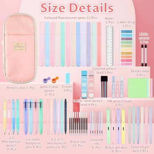 80Pcs Aesthetic School Supplies with Cute Pencil Case, 12 Pastel Highlighters, 4 Multicolor Ballpoint Pens, 6 Gel Pens with Refills, 10 Mechanical Pencils with Leads for Student Stationery Set(Pink)