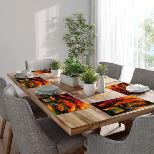 Batmerry Autumn Maple Trees Linen Placemats Set of 6, Fiery Red Leaves Houses Gardens Washable Table Mats for Kitchen Table Thickened Heat Insulation Dining Set Indoor Outdoor 12X18 in