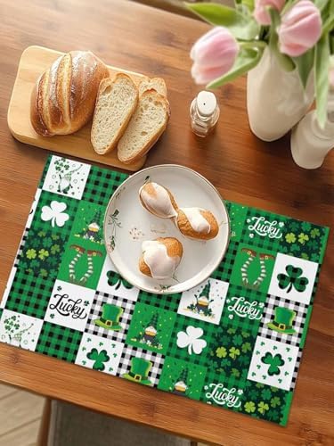 St Patrick's Day Placemats Set of 6,Lucky Shamrock Clover Gnomes Cotton Linen Heat Resistant Table Mats Green Black White Buffalo Gingham Plaid Washable Spring Holidays Decorations For Kitchen Dining