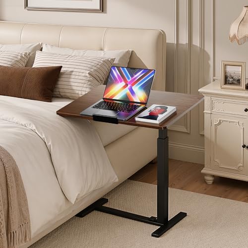 Mobile Standing Desk Adjustable Overbed Table, Pneumatic Height Adjustable Rolling Laptop Desk with Hidden Wheels, 0-180°Tilt Top Rolling Computer Cart Foldable for Home Office, Craft & Study, Brown