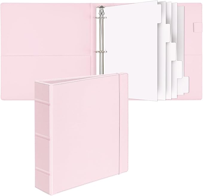 Vintage Hardcover 1.5 inch Ring Leather Binder, 2 inch Spine, Professional Organizer, Letter Size Dividers with Tabs, Faux Rose Pink Leather