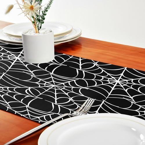 ALAZA Double-Sided Halloween Spider Web Black Table Runner 14x108 Inches Long,Table Cloth Runner for Wedding Birthday Party Kitchen Dining Home Everyday Decor