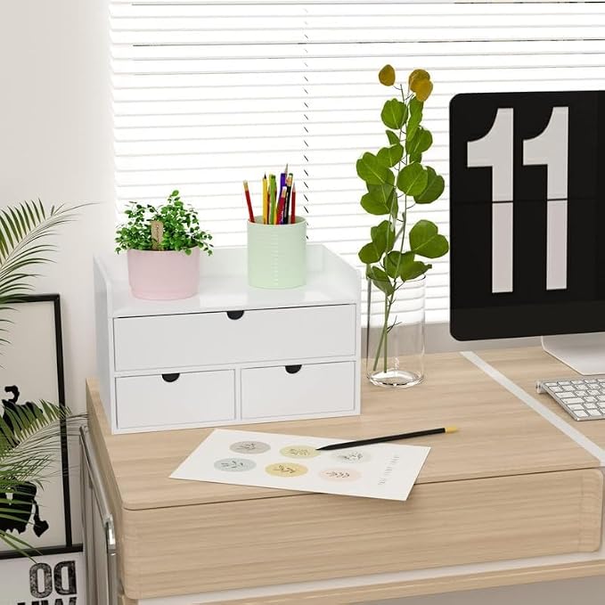 Bamboo Desk Organizer wtih Drawers Mini Desktop Drawer Tabletop Storage | 100% Bamboo Countertop Organizer Drawers,Makeup Storage,Kitchen Spice Organizers,3 Drawer Tabletop Storage,for Home Office
