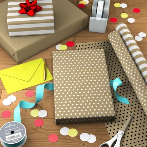 Hallmark Reversible Wrapping Paper Rolls, 2 Rolls (Kraft, Striped, Dots)